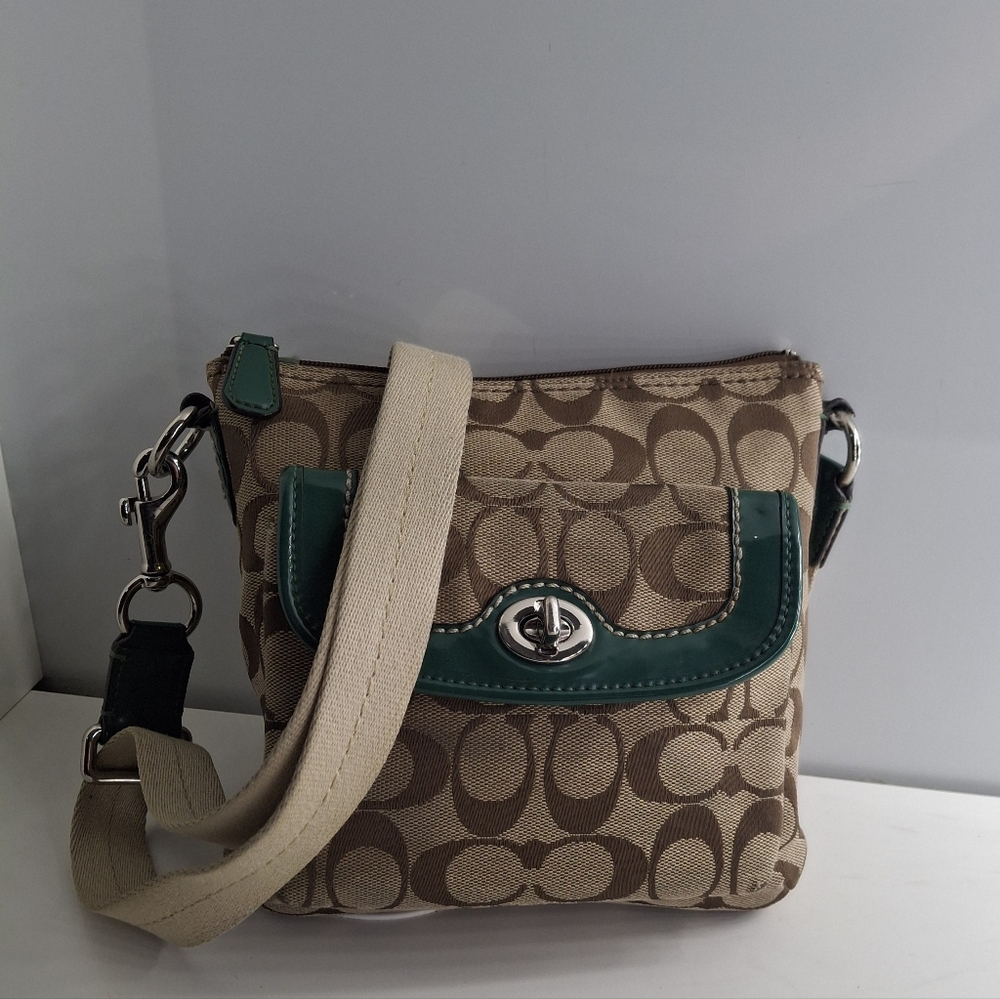 Coach Beige Brown Signature Crossbody with Green Trim